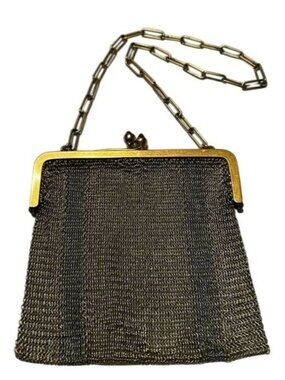 Vintage Gold Mesh Coin Purse With Chain Handle And Gemstone Clasp 4" X 4" Elegan